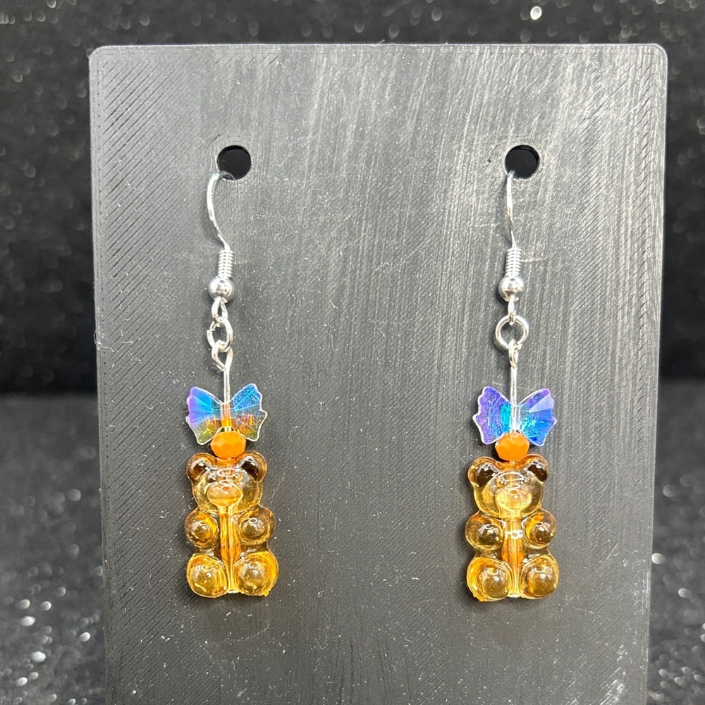 Orange Gummy Bear Earrings with Crystal Bow